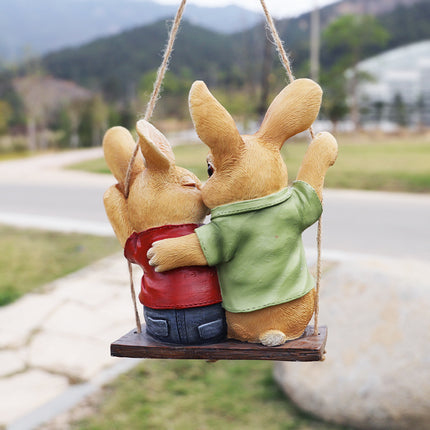 Cartoon Rabbit Couple Swing Garden Ornament - Charming Resin Decor.