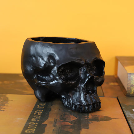Black Halloween Skull Resin Desktop Ornament and Pen Holder - Spooky Decor.