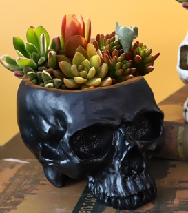 Black Halloween Skull Resin Desktop Ornament and Pen Holder - Spooky Decor.