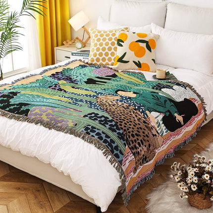 Buddhist Monastery INS-Style Illustrated Line Blanket - Multi-Use Design.
