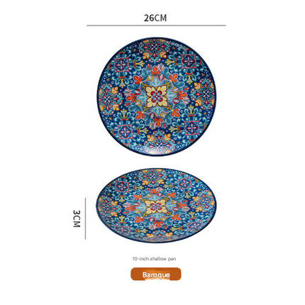 Blue Baroque 10-Inch Bohemian Ceramic Shallow Plate.