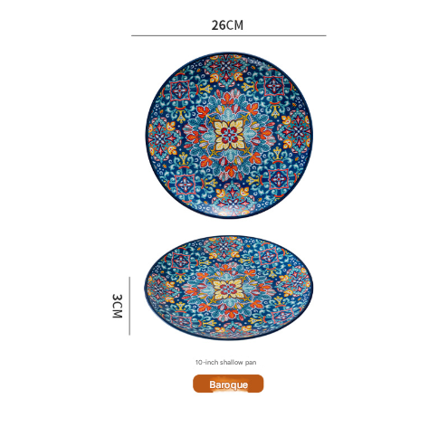 Blue Baroque 10-Inch Bohemian Ceramic Shallow Plate.