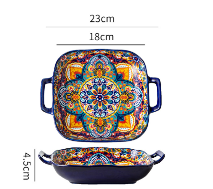 Kalia 9-Inch Bohemian Ceramic Double-Handled Square Plate.