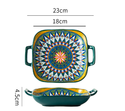 Ember 9-Inch Bohemian Ceramic Double-Handled Square Plate.