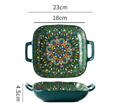 Emerald Plume 9-Inch Bohemian Ceramic Double-Handled Square Plate.