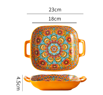 Archaeopteryx 9-Inch Bohemian Ceramic Double-Handled Square Plate.