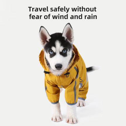 M Bright Yellow And Gray Trim Waterproof Four-Legged Dog Raincoat with Leash Hole for Small Breeds.