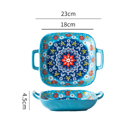 Green Gullicent 9-Inch Bohemian Ceramic Double-Handled Square Plate.