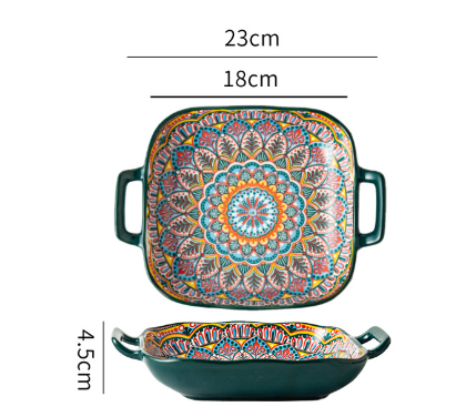 Morocco 9-Inch Bohemian Ceramic Double-Handled Square Plate.