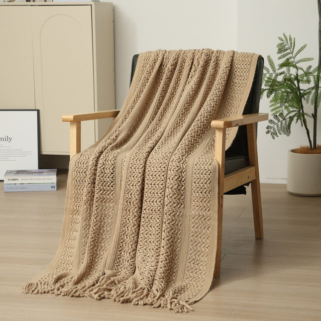 Khaki Hollow Knitted Sofa Blanket with Tassels, 120 x 165 cm, 510g, Ideal for Hotel and Home.
