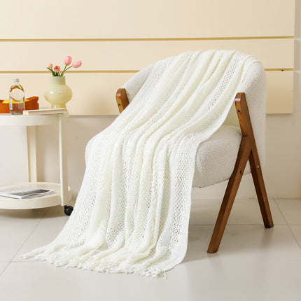 White Hollow Knitted Sofa Blanket with Tassels, 120 x 165 cm, 510g, Ideal for Hotel and Home.