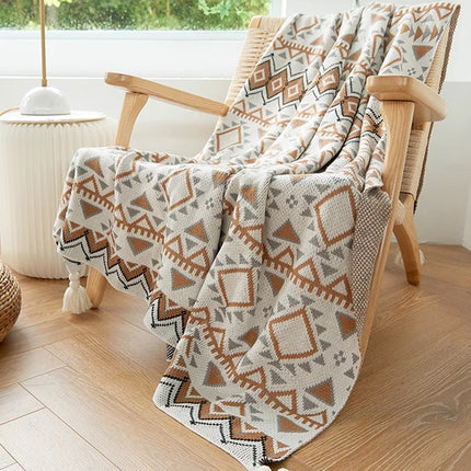Beige-grey Bohemian Knitted Sofa Blanket, 130 x 170 cm, 900g, Ideal for Hotel and Nap Use.