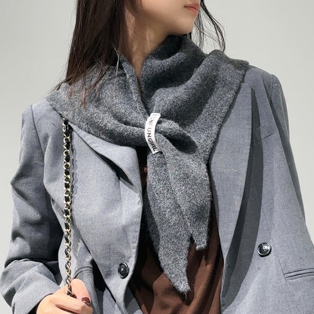 2-Piece Dark Grey Coffee Elegant Wool Blend Triangle Scarf - Luxurious Knit Shawl for Women (39 x 110cm).