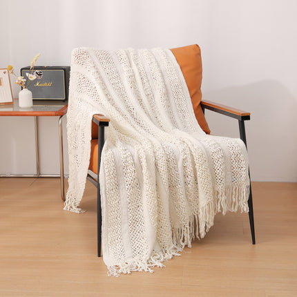 Beige Hollow Knitted Sofa Blanket with Tassels, 120 x 165 cm, 510g, Ideal for Hotel and Home.