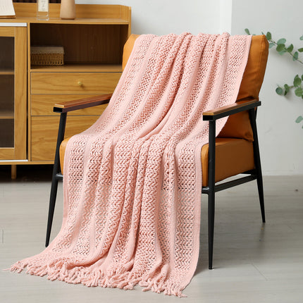 Pink Hollow Knitted Sofa Blanket with Tassels, 120 x 165 cm, 510g, Ideal for Hotel and Home.