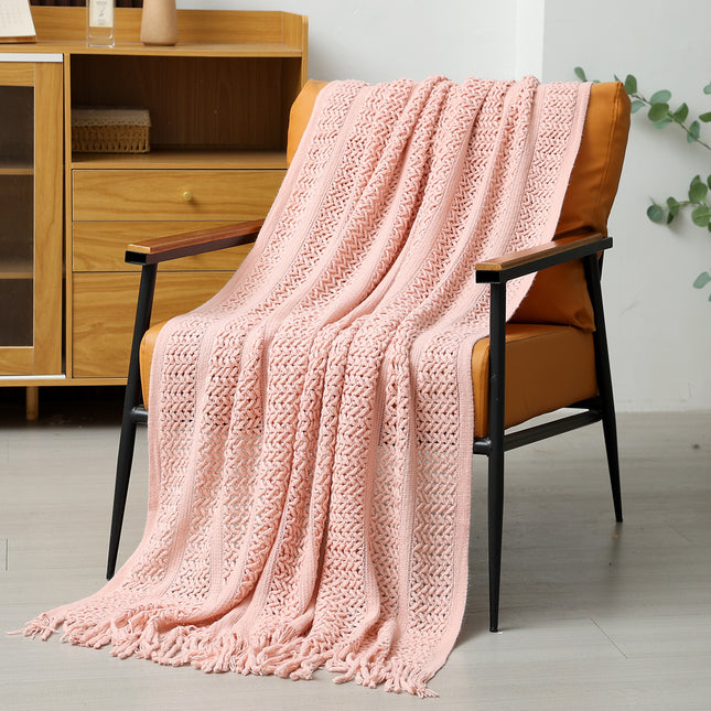 Pink Hollow Knitted Sofa Blanket with Tassels, 120 x 165 cm, 510g, Ideal for Hotel and Home.