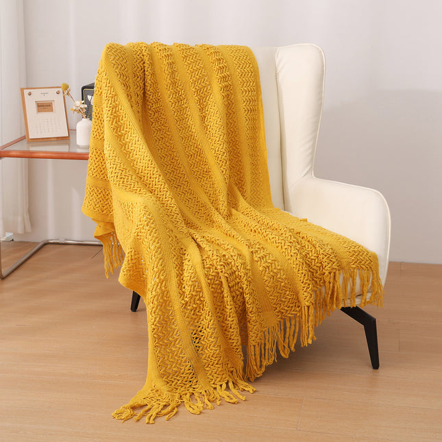 Yellow Hollow Knitted Sofa Blanket with Tassels, 120 x 165 cm, 510g, Ideal for Hotel and Home.