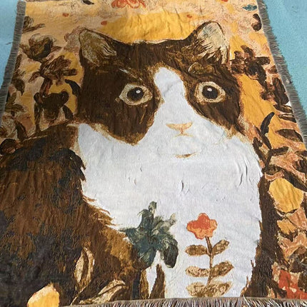 Cat Artistic Jacquard Throw Blanket - American Style Illustrated Sofa Cover & Tapestry - 130 x 160cm.