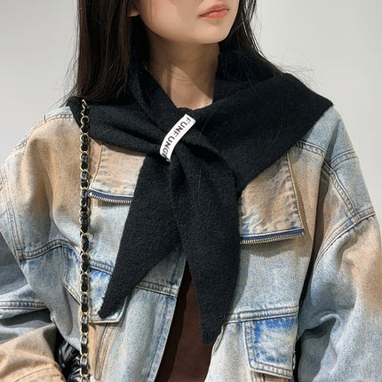 2-Piece Black Elegant Wool Blend Triangle Scarf - Luxurious Knit Shawl for Women (39 x 110cm).