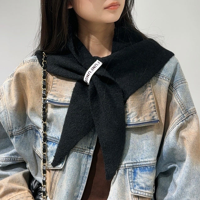2-Piece Black Elegant Wool Blend Triangle Scarf - Luxurious Knit Shawl for Women (39 x 110cm).