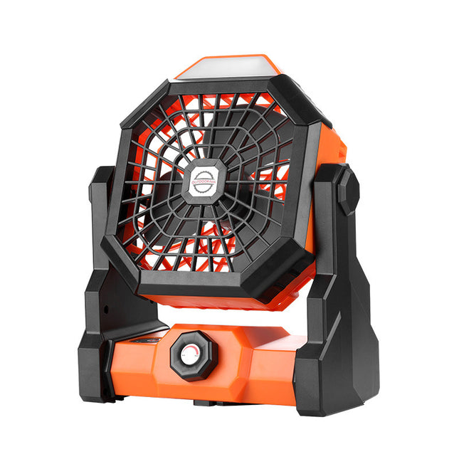 Black-orange Portable USB Camping Fan with 7800mAh Battery and 3-Mode LED Lighting.