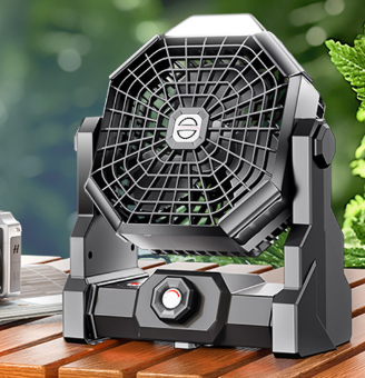 Black Portable USB Camping Fan with 7800mAh Battery and 3-Mode LED Lighting.