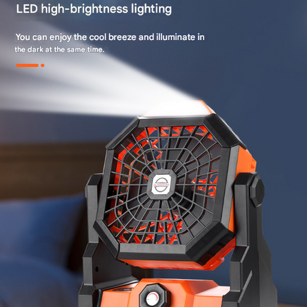 Black Portable USB Camping Fan with 7800mAh Battery and 3-Mode LED Lighting.