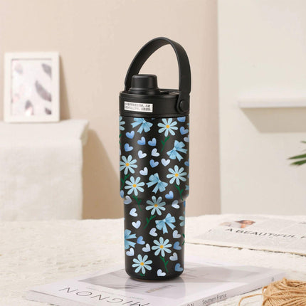 Twilight Black-Bow Tie Blue Flower 30oz Ceramic-Lined Insulated Tumbler with Handle, 735ml Stainless Steel Travel Mug.