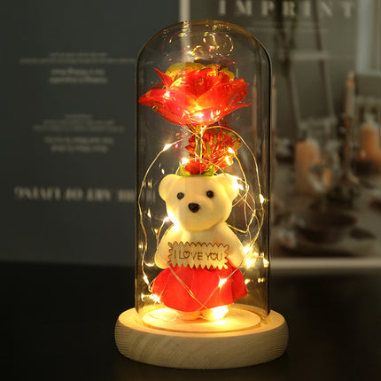 Enchanted Rose & Teddy Bear in Glass Dome with LED Lights - I Love You" Gift(Red)".