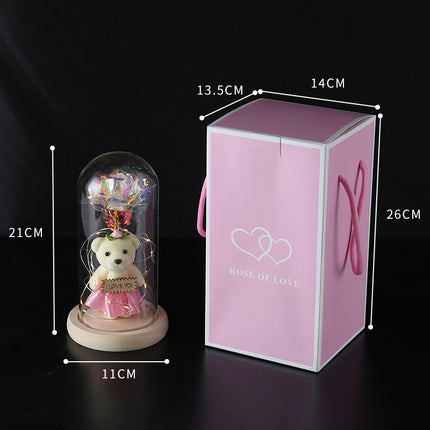Enchanted Rose & Teddy Bear in Glass Dome with LED Lights - I Love You" Gift(purple)".
