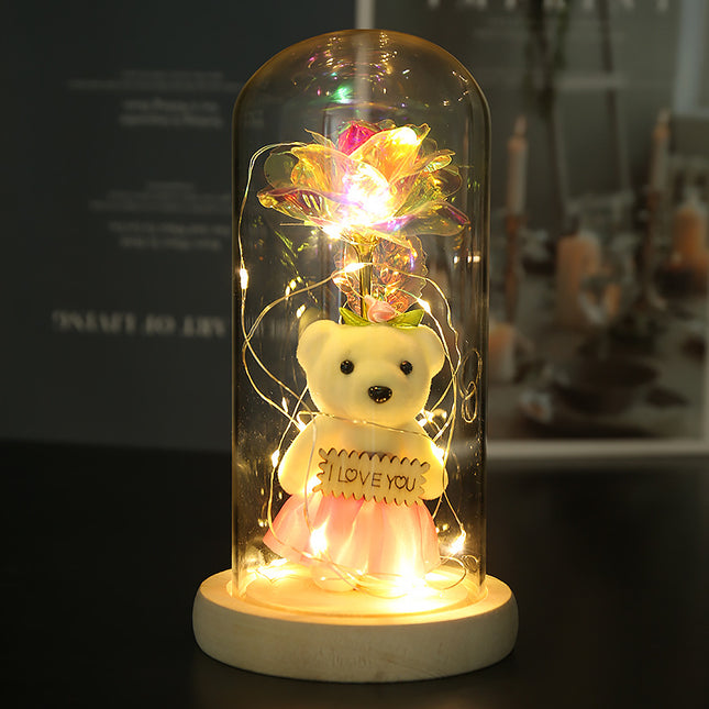 Enchanted Rose & Teddy Bear in Glass Dome with LED Lights - I Love You" Gift(colorful)".