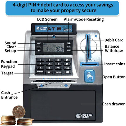 Kids ATM Savings Bank - Electronic Piggy Bank with Debit Card, PIN(black).