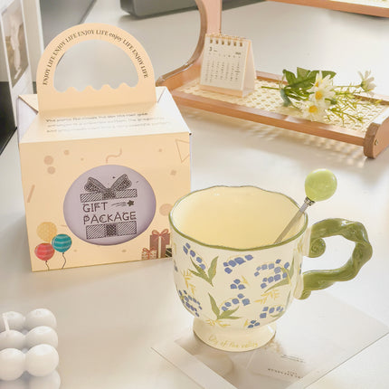 Elegant Ceramic Mug with Sculpted Handle,400ml Vintage Inspired Pedestal Design(Matcha Green).