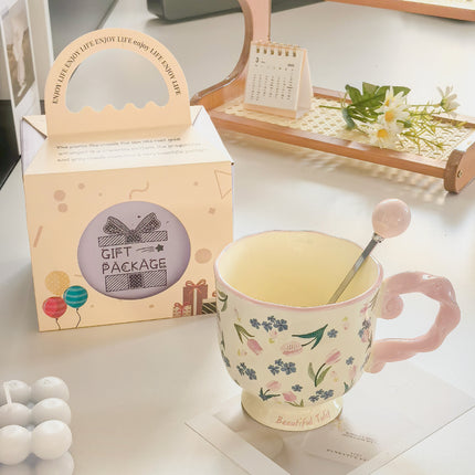 Elegant Ceramic Mug with Sculpted Handle,400ml Vintage Inspired Pedestal Design(Rose pink).