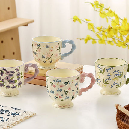 Elegant Ceramic Mug with Sculpted Handle,400ml Vintage Inspired Pedestal Design(Rose pink).