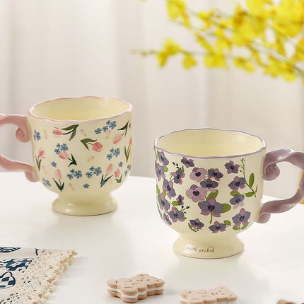 Elegant Ceramic Mug with Sculpted Handle,400ml Vintage Inspired Pedestal Design(Rose pink).