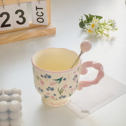 Elegant Ceramic Mug with Sculpted Handle,400ml Vintage Inspired Pedestal Design(Rose pink).
