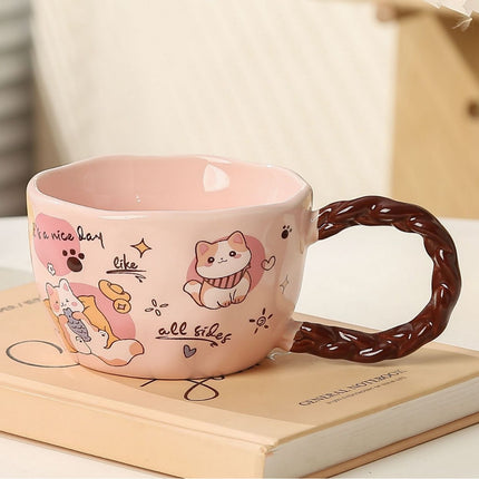 Whimsical Cat & Friends Ceramic Mug - 320ml with Unique Twisted Handle (pink).