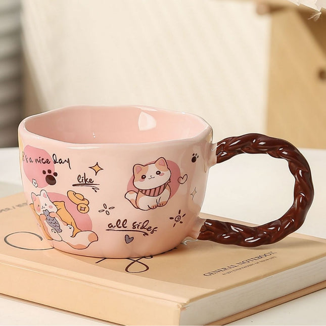 Whimsical Cat & Friends Ceramic Mug - 320ml with Unique Twisted Handle (pink).