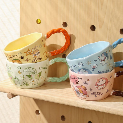 Whimsical Cat & Friends Ceramic Mug - 320ml with Unique Twisted Handle (pink).