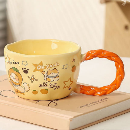Whimsical Cat & Friends Ceramic Mug - 320ml with Unique Twisted Handle (Yellow).