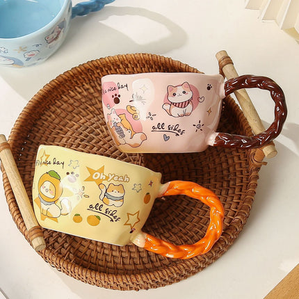 Whimsical Cat & Friends Ceramic Mug - 320ml with Unique Twisted Handle (Yellow).