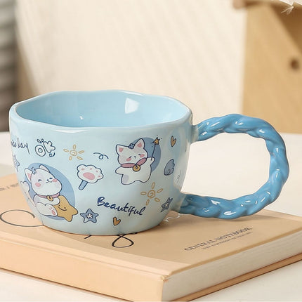 Whimsical Cat & Friends Ceramic Mug - 320ml with Unique Twisted Handle (Blue).