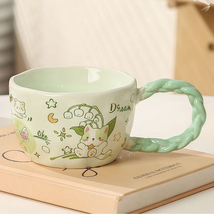 Whimsical Cat & Friends Ceramic Mug - 320ml with Unique Twisted Handle (Green).