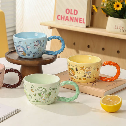 Whimsical Cat & Friends Ceramic Mug - 320ml with Unique Twisted Handle (Green).