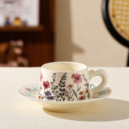 Vintage Floral Ceramic Coffee Cup & Saucer Set(White disc - pink flowers).