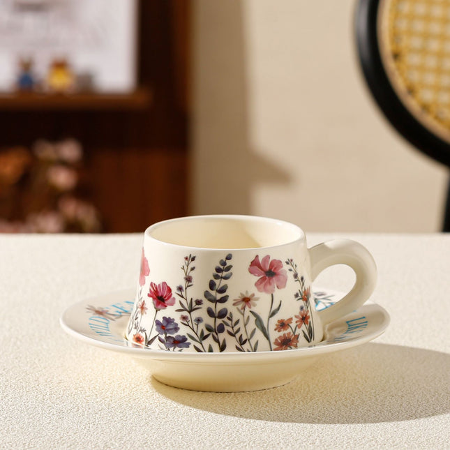 Vintage Floral Ceramic Coffee Cup & Saucer Set(White disc - pink flowers).