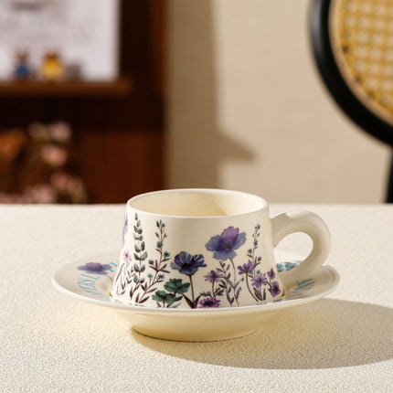 Vintage Floral Ceramic Coffee Cup & Saucer Set(White disc - purple flowers).