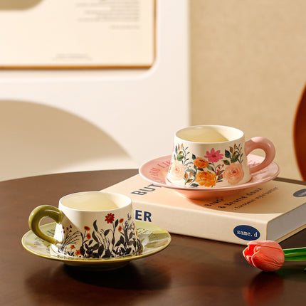 Vintage Floral Ceramic Coffee Cup & Saucer Set(White disc - purple flowers).