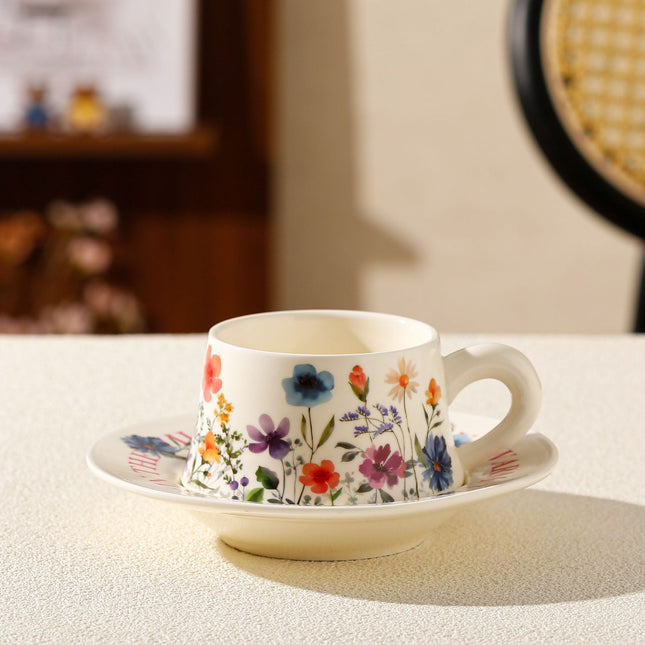 Vintage Floral Ceramic Coffee Cup & Saucer Set(White disc - colorful flowers).